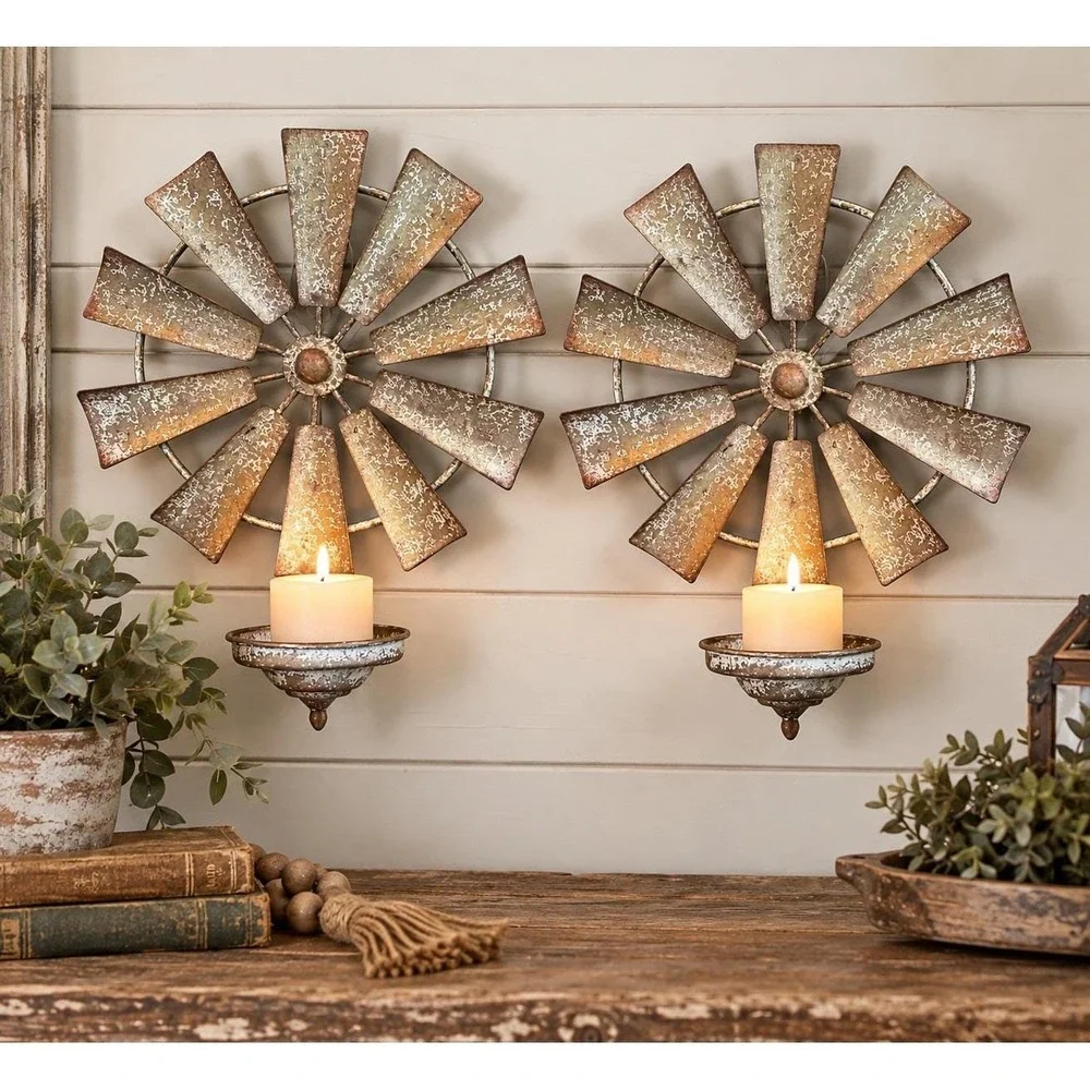 Farmhouse Windmill Wall Candle Holders Set of 2 Distressed Metal Rustic 12